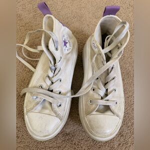 Converse White High Top Sneakers with Purple Star Logo